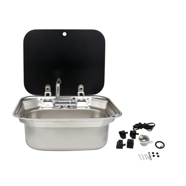 HWHongRV RV Accessories Motorhome RV Campervan Stainless Steel Sink with Glassed Lid and Rv Boat Folding Sink Integrated Tap