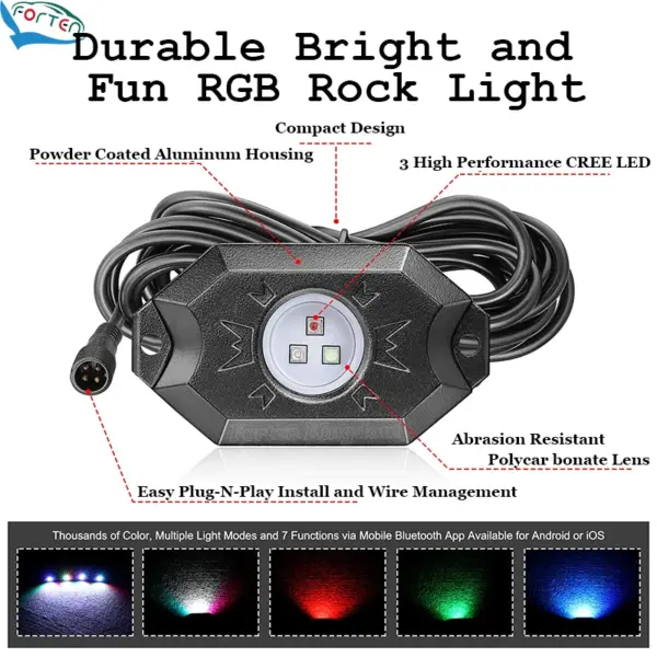 RGB Rock Light Kit 4 Pods IP68 App Sync Remote Control LED Light Kit for Car UTV ATV Road Truck Wrangler Uttermost Convenience
