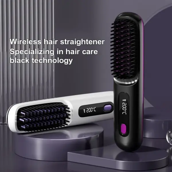 2025 3000mah Electric Cordless Comb Hair Style Brush LCD Portable Rechargeable Mini Hair Straightener Brush with 3 Temp Settings
